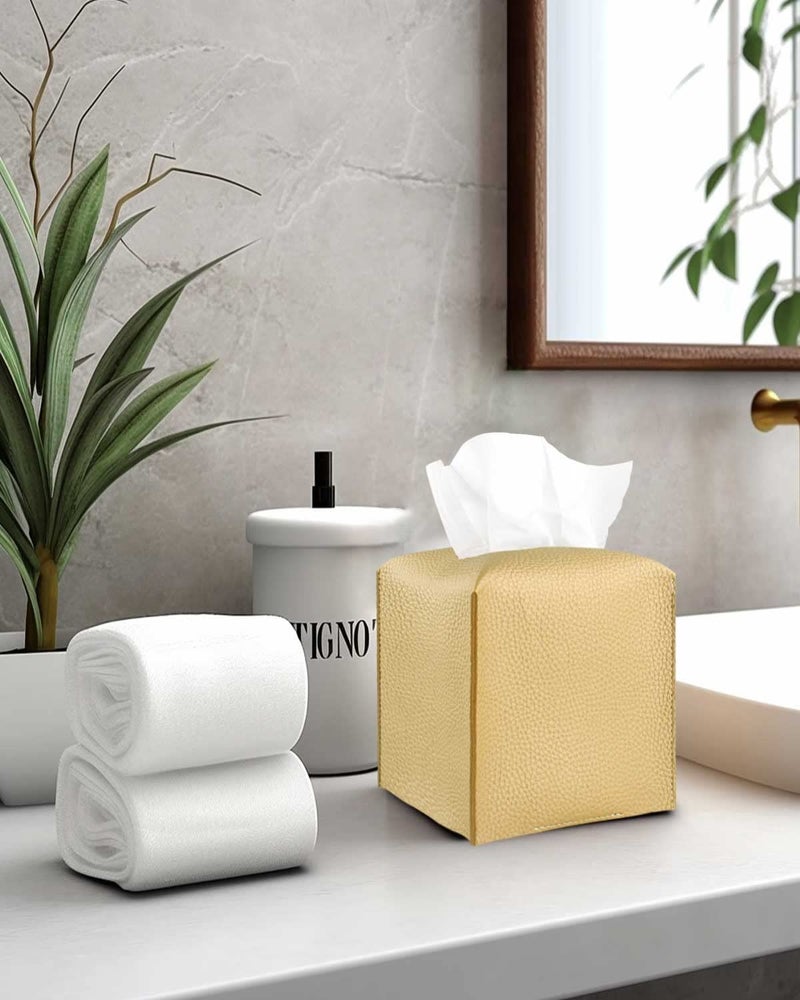 JESMINI Gold Tissue Box Cover Leather - Tissue Holder with Bottom Belt by JESMINI  Decorative Aesthetic PU Leather Tissue Box Holder for Bathroom Home Office Decor - Image 5